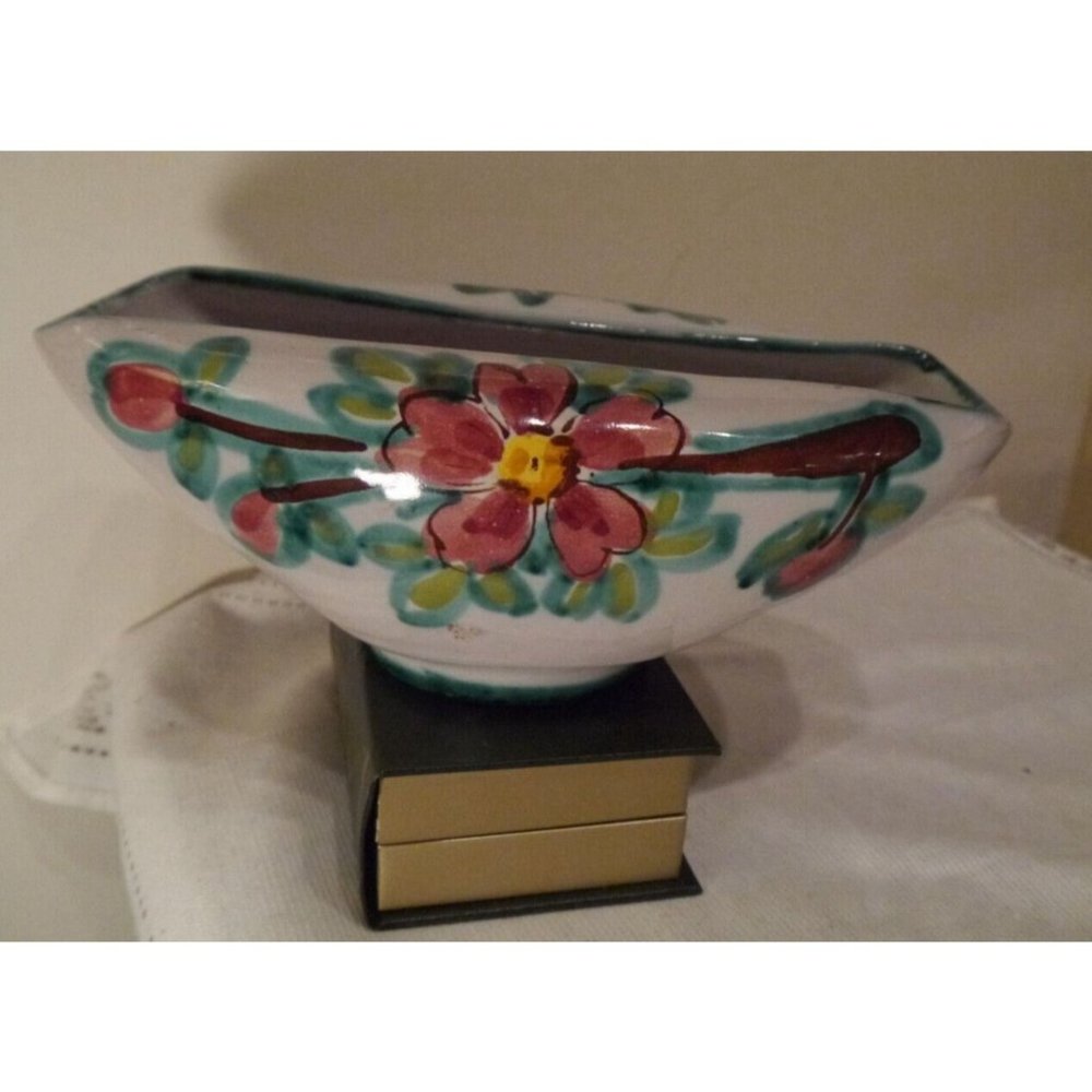 Vintage Rolled Bowl/Vase Tito Corti T.C. Italy Art Pottery MCM Flowers 8.75"